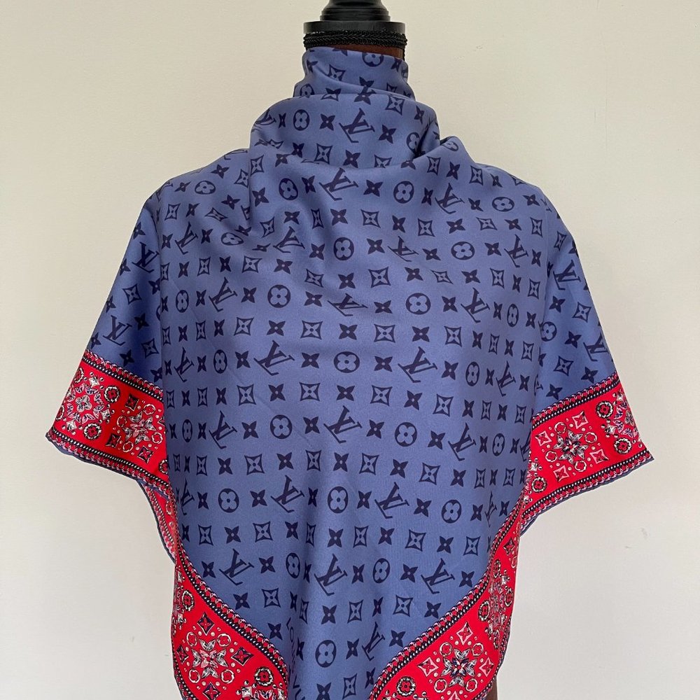 Louis Vuitton Wrap Monogram Logo Oversize Square Blue Silk Scarf - Picture 6 of 16